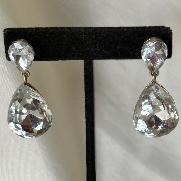 Formal Large Stone Double Teardrop Earrings Designer Inspired Dangles Gold Post - Picture 1 of 10